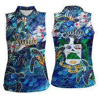 Saba Women Sleeveless Polo Shirt Sea Turtle Tropical Pattern - Wonder Print Shop