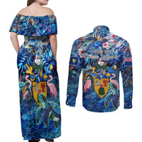 Turks and Caicos Islands Couples Matching Off Shoulder Maxi Dress and Long Sleeve Button Shirt Sea Turtle Tropical Pattern