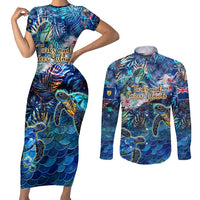 Turks and Caicos Islands Couples Matching Short Sleeve Bodycon Dress and Long Sleeve Button Shirt Sea Turtle Tropical Pattern