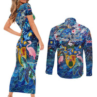 Turks and Caicos Islands Couples Matching Short Sleeve Bodycon Dress and Long Sleeve Button Shirt Sea Turtle Tropical Pattern
