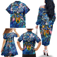 Turks and Caicos Islands Family Matching Off The Shoulder Long Sleeve Dress and Hawaiian Shirt Sea Turtle Tropical Pattern