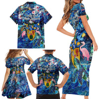 Turks and Caicos Islands Family Matching Short Sleeve Bodycon Dress and Hawaiian Shirt Sea Turtle Tropical Pattern - Wonder Print Shop