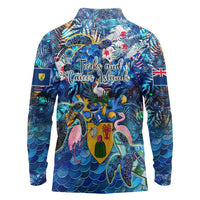 Turks and Caicos Islands Long Sleeve Polo Shirt Sea Turtle Tropical Pattern - Wonder Print Shop