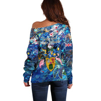 Turks and Caicos Islands Off Shoulder Sweater Sea Turtle Tropical Pattern - Wonder Print Shop