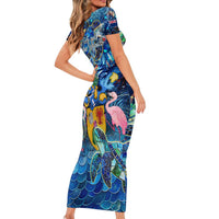 Turks and Caicos Islands Short Sleeve Bodycon Dress Sea Turtle Tropical Pattern - Wonder Print Shop