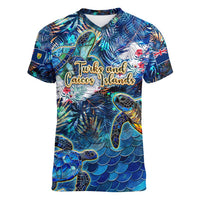 Turks and Caicos Islands Women V-Neck T-Shirt Sea Turtle Tropical Pattern - Wonder Print Shop