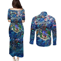Montserrat Couples Matching Puletasi and Long Sleeve Button Shirt Sea Turtle Tropical Pattern