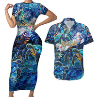 Montserrat Couples Matching Short Sleeve Bodycon Dress and Hawaiian Shirt Sea Turtle Tropical Pattern