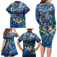 Montserrat Family Matching Long Sleeve Bodycon Dress and Hawaiian Shirt Sea Turtle Tropical Pattern