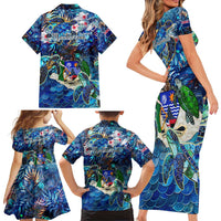 Montserrat Family Matching Short Sleeve Bodycon Dress and Hawaiian Shirt Sea Turtle Tropical Pattern - Wonder Print Shop