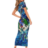 Montserrat Family Matching Short Sleeve Bodycon Dress and Hawaiian Shirt Sea Turtle Tropical Pattern - Wonder Print Shop