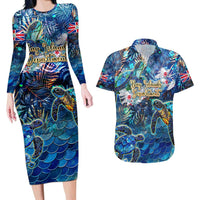 Bay Islands Department Couples Matching Long Sleeve Bodycon Dress and Hawaiian Shirt Sea Turtle Tropical Pattern