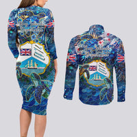 Bay Islands Department Couples Matching Long Sleeve Bodycon Dress and Long Sleeve Button Shirt Sea Turtle Tropical Pattern