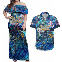 Bay Islands Department Couples Matching Off Shoulder Maxi Dress and Hawaiian Shirt Sea Turtle Tropical Pattern