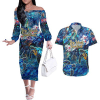 Bay Islands Department Couples Matching Off The Shoulder Long Sleeve Dress and Hawaiian Shirt Sea Turtle Tropical Pattern