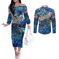 Bay Islands Department Couples Matching Off The Shoulder Long Sleeve Dress and Long Sleeve Button Shirt Sea Turtle Tropical Pattern