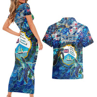Bay Islands Department Couples Matching Short Sleeve Bodycon Dress and Hawaiian Shirt Sea Turtle Tropical Pattern