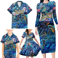 Bay Islands Department Family Matching Long Sleeve Bodycon Dress and Hawaiian Shirt Sea Turtle Tropical Pattern
