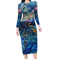 Bay Islands Department Family Matching Long Sleeve Bodycon Dress and Hawaiian Shirt Sea Turtle Tropical Pattern
