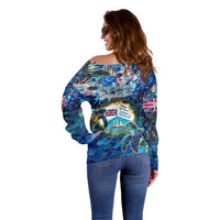 Bay Islands Department Off Shoulder Sweater Sea Turtle Tropical Pattern - Wonder Print Shop