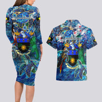 Guadeloupe Couples Matching Long Sleeve Bodycon Dress and Hawaiian Shirt Sea Turtle Tropical Pattern