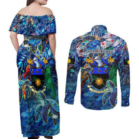 Guadeloupe Couples Matching Off Shoulder Maxi Dress and Long Sleeve Button Shirt Sea Turtle Tropical Pattern