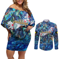 Guadeloupe Couples Matching Off Shoulder Short Dress and Long Sleeve Button Shirt Sea Turtle Tropical Pattern