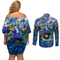 Guadeloupe Couples Matching Off Shoulder Short Dress and Long Sleeve Button Shirt Sea Turtle Tropical Pattern