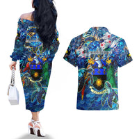 Guadeloupe Couples Matching Off The Shoulder Long Sleeve Dress and Hawaiian Shirt Sea Turtle Tropical Pattern
