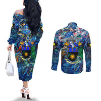 Guadeloupe Couples Matching Off The Shoulder Long Sleeve Dress and Long Sleeve Button Shirt Sea Turtle Tropical Pattern
