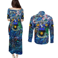 Guadeloupe Couples Matching Puletasi and Long Sleeve Button Shirt Sea Turtle Tropical Pattern
