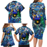 Guadeloupe Family Matching Long Sleeve Bodycon Dress and Hawaiian Shirt Sea Turtle Tropical Pattern