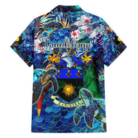 Guadeloupe Family Matching Long Sleeve Bodycon Dress and Hawaiian Shirt Sea Turtle Tropical Pattern