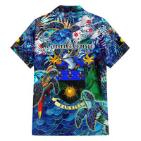 Guadeloupe Family Matching Off The Shoulder Long Sleeve Dress and Hawaiian Shirt Sea Turtle Tropical Pattern