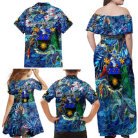 Guadeloupe Family Matching Off Shoulder Maxi Dress and Hawaiian Shirt Sea Turtle Tropical Pattern