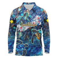 Guadeloupe Long Sleeve Polo Shirt Sea Turtle Tropical Pattern - Wonder Print Shop