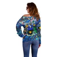 Guadeloupe Off Shoulder Sweater Sea Turtle Tropical Pattern - Wonder Print Shop