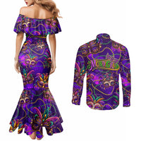 Mardi Gras Couples Matching Mermaid Dress and Long Sleeve Button Shirt Mask Glitter Art