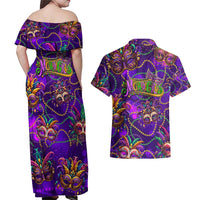 Mardi Gras Couples Matching Off Shoulder Maxi Dress and Hawaiian Shirt Mask Glitter Art