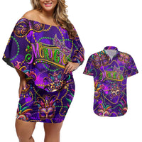 Mardi Gras Couples Matching Off Shoulder Short Dress and Hawaiian Shirt Mask Glitter Art