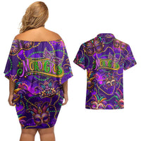 Mardi Gras Couples Matching Off Shoulder Short Dress and Hawaiian Shirt Mask Glitter Art
