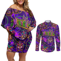 Mardi Gras Couples Matching Off Shoulder Short Dress and Long Sleeve Button Shirt Mask Glitter Art
