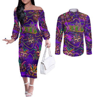 Mardi Gras Couples Matching Off The Shoulder Long Sleeve Dress and Long Sleeve Button Shirt Mask Glitter Art
