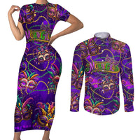 Mardi Gras Couples Matching Short Sleeve Bodycon Dress and Long Sleeve Button Shirt Mask Glitter Art