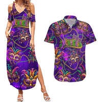 Mardi Gras Couples Matching Summer Maxi Dress and Hawaiian Shirt Mask Glitter Art
