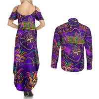 Mardi Gras Couples Matching Summer Maxi Dress and Long Sleeve Button Shirt Mask Glitter Art