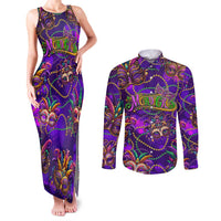 Mardi Gras Couples Matching Tank Maxi Dress and Long Sleeve Button Shirt Mask Glitter Art