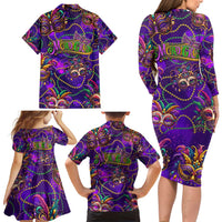Mardi Gras Family Matching Long Sleeve Bodycon Dress and Hawaiian Shirt Mask Glitter Art