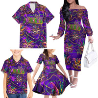 Mardi Gras Family Matching Off The Shoulder Long Sleeve Dress and Hawaiian Shirt Mask Glitter Art