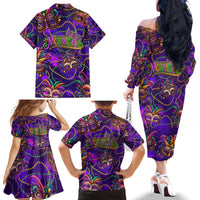Mardi Gras Family Matching Off The Shoulder Long Sleeve Dress and Hawaiian Shirt Mask Glitter Art